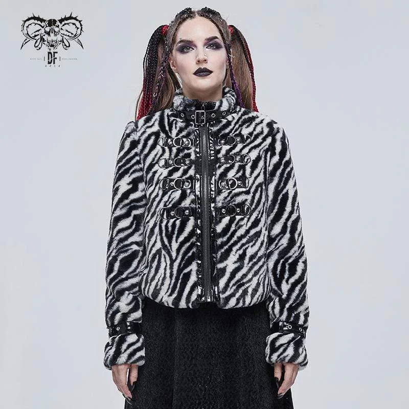 Women's Gothic Stand Collar Zebra-stripe Buckles Jacket Wool Fabric Cashmere Fabric Tweed Fabric Women's Gothic Stand Collar Zebra-stripe Buckles Jacket Wool Fabric Cashmere Fabric Tweed Fabric