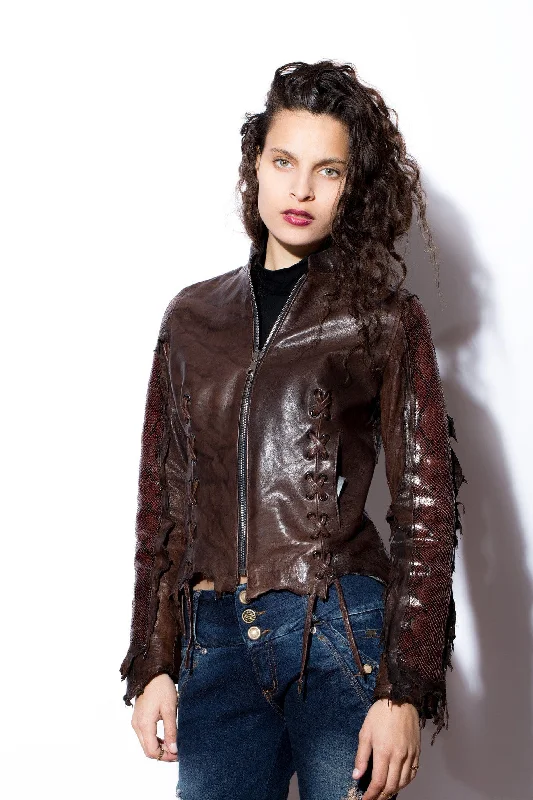 Women's Dark Brown Leather Jacket with Snakeskin Sleeves & Back Hoodie Zip-Up Jacket Button-Up Jacket Women's Dark Brown Leather Jacket with Snakeskin Sleeves & Back Hoodie Zip-Up Jacket Button-Up Jacket