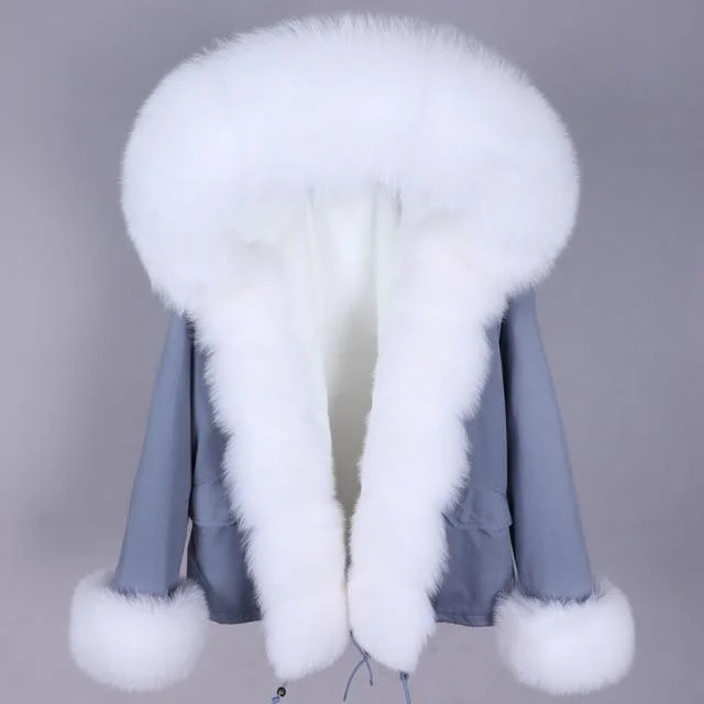 Women's Real Fox Raccoon Fur Full Sleeve Coat Thick Warm Hood Winter Jacket Welt Pockets Slit Pockets Flap Pockets Women's Real Fox Raccoon Fur Full Sleeve Coat Thick Warm Hood Winter Jacket Welt Pockets Slit Pockets Flap Pockets