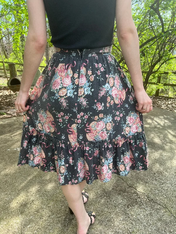 70s Black Pink Floral Cotton Prairie Skirt, Casualaire