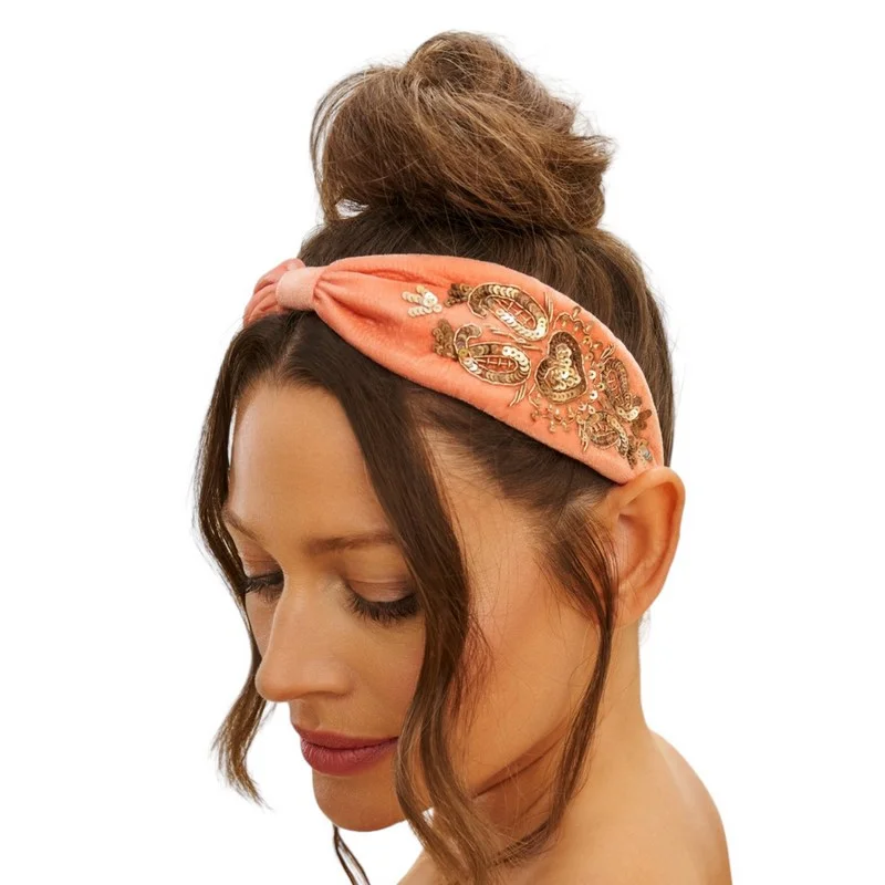 Embellished Velvet Headband Heart - Coral