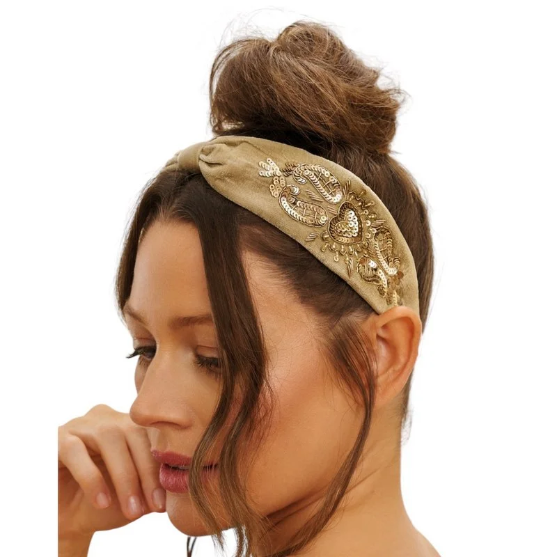 Embellished Velvet Headband Heart - Sage