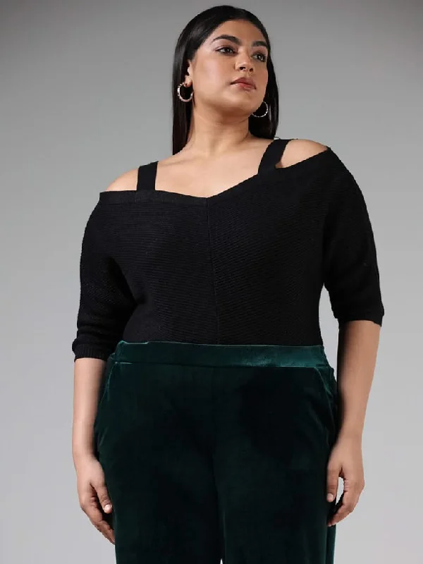 Gia Black Ribbed Off-Shoulder Knitted Top