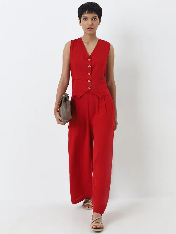 LOV Red High-Rise Blended Linen Trousers