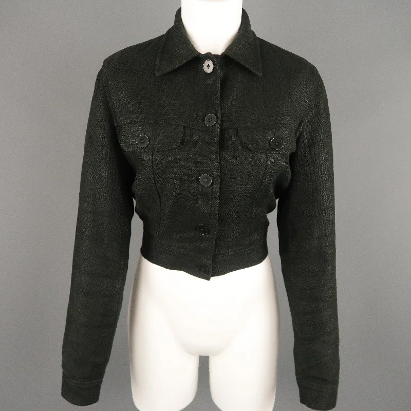 RALPH LAUREN Size 4 Black Woven Linen Cropped Trucker Jacket