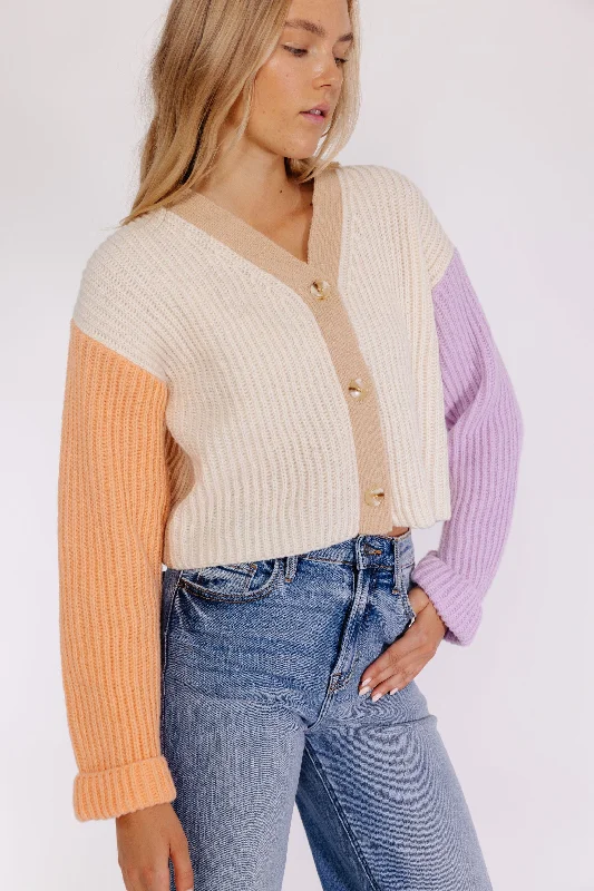 Sherbert Color block Cardigan in Beige Cropped Wool Sweater